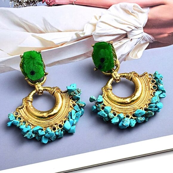 NWT Gold Natural Turquoise Gemstone Dangle Drop Statement Earrings - Picture 8 of 8
